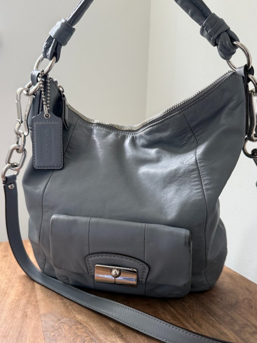 COACH Kristin Grey Leather Hobo Crossbody Bag Nickel Art Deco Turnlock